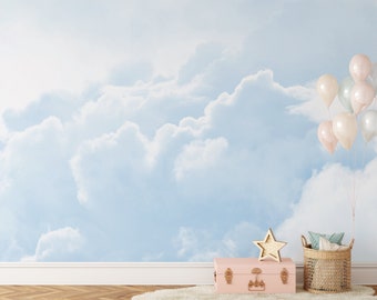 Boy Nursery Peel and Stick Mural Wallpaper - Pastel Blue Sky Self Adhesive - 3d Cloud Removable Wall Decal - Temporary Wallpaper CCM023