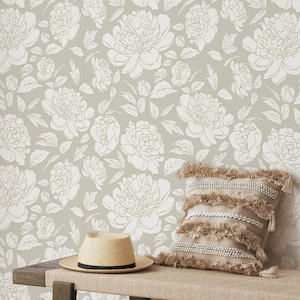 Gray Beige Peony Flowers Wallpaper - Boho Floral Peel and Stick Botanical Wall Mural CC299