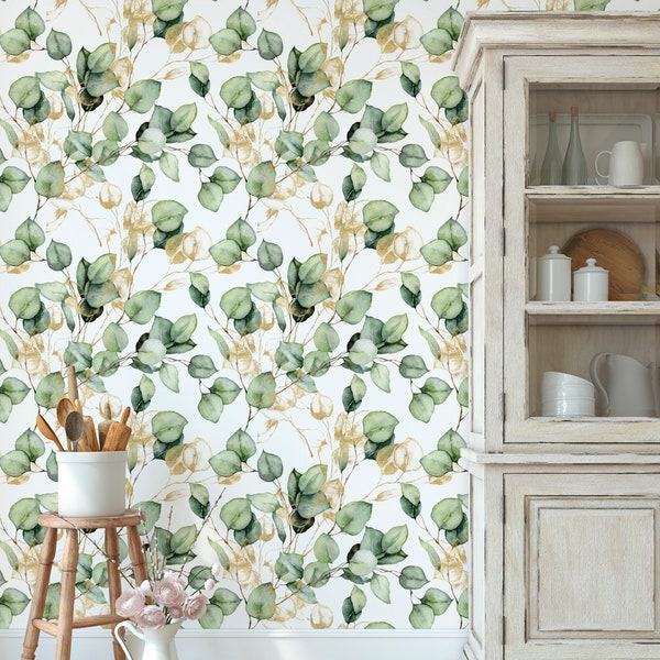 Watercolor Green and Gold Eucalyptus Leaves Peel and Stick Wallpaper - Floral Leaf Self Adhesive Wall Decal -  Botanical Wall Mural CC283