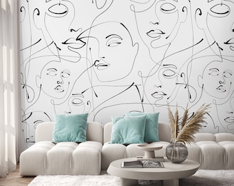 Black White Abstract Female Face Peel and Stick Wall Mural - Removable Art Minimalist Line Art Wall Decal - Beauty Room Spa Wallpaper CCM146