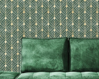 Green Faux Gold Art Deco Wallpaper - Emerald Luxury Geometric Vintage Retro Wall Mural CC336