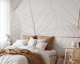 Minimal Faux Gold Leaf Vein Wallpaper - Tropical Leaves Modern Botanical Wall Mural CCM182