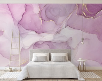 Watercolor Abstract Peel and Stick Mural Wallpaper - Luxury Marble Purple Self Adhesive Decor - Alcohol Ink Pink Removable Wall Decal CCM042