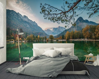 Mountain Lake Peel and Stick Wall Mural -  Authentic Landscape Self Adhesive Decal - Photo Nature Removable  Wallpaper CCM032
