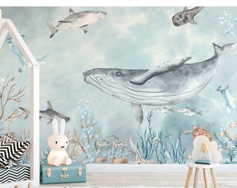 Watercolor Sea World Wall Mural - Ocean Fish Whale Turtle Shark Jellyfish - Kid Peel and Stick Wallpaper -Self Adhesive Nursery Decal CCM050