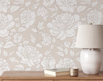 Neutral Beige Peony Flowers Peel and Stick Wallpaper - Removable Boho Style Floral Wall Decal - Botanical Self Adhesive Wall Mural CC298