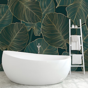 Emerald Green Tropical Leaves Wallpaper – Large Banana Line Art Botanical Wall Mural CCM179