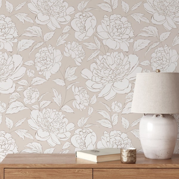 Neutral Beige Peony Flowers Peel and Stick Wallpaper - Removable Boho Style Floral Wall Decal - Botanical Self Adhesive Wall Mural CC298