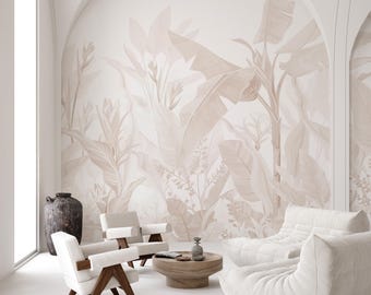 Beige Banana Palm Leaves Botanical Wall Mural - Tropical Jungle Leaf Boho Wallpaper CCM194