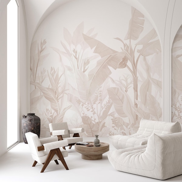 Beige Banana Palm Leaves Botanical Wall Mural - Tropical Jungle Leaf Boho Wallpaper CCM194