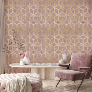 Blush Pink Сubes Art Deco Peel and Stick Wallpaper - Removable Luxury Wall Decal - Vintage Print Self Adhesive Wall Mural CC327
