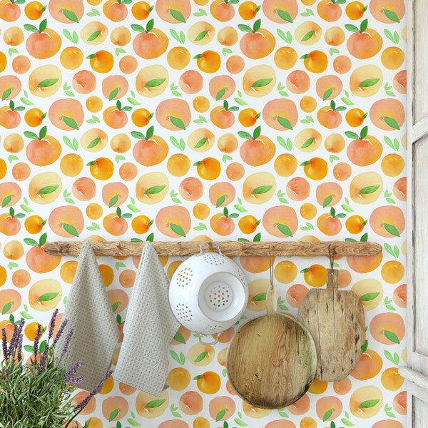 Oranges Peaches Self Adhesive Wallpaper - Peel and Stick Watercolor Wall Paper - Removable Fruit Mural Decal - Temporary Wall Decor CC075