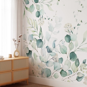 Green Eucalyptus Leaves Peel and Stick Wall Mural - Removable Wall Decal - Boho Watercolor Floral Botanical Self Adhesive Wallpaper CCM110