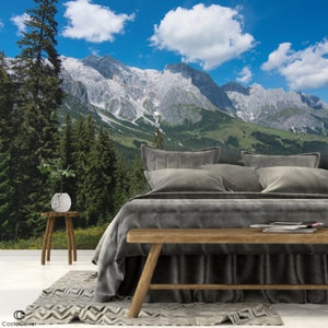 Mountain Forest Peel and Stick Wall Mural - Sunny Landscape and Sky Self Adhesive Decal - Cloud Photo Removable Wallpaper CCM048