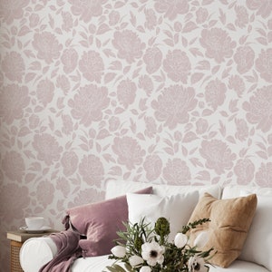 Pastel Pink Peony Flowers Peel and Stick Wallpaper - Removable Boho Style Floral Wall Decal - Botanical Self Adhesive Wall Mural CC300