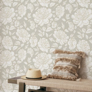 Warm Gray Peony Flowers Peel and Stick Wallpaper - Removable Boho Style Floral Wall Decal - Botanical Self Adhesive Wall Mural CC299
