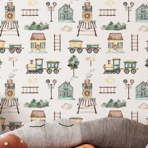 Railroad Train Nursery Wallpaper – Kids Playroom Boys Room Peel and Stick Wall Mural CC293