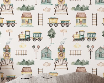 Railroad Train Nursery Wallpaper – Kids Playroom Boys Room Peel and Stick Wall Mural CC293