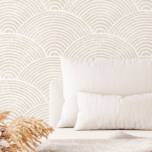 Seigaiha Wave Wallpaper in Beige Boho Vintage Style CC284
