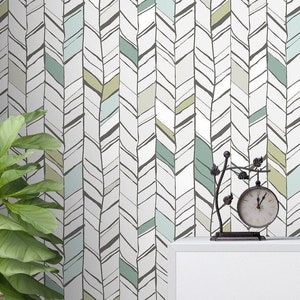 Herringbone Removable Wallpaper - Peel and Stick Chevron Wall Mural - Temporary Modern Geometric Decal - Adhesive Green Wall Decor CC197