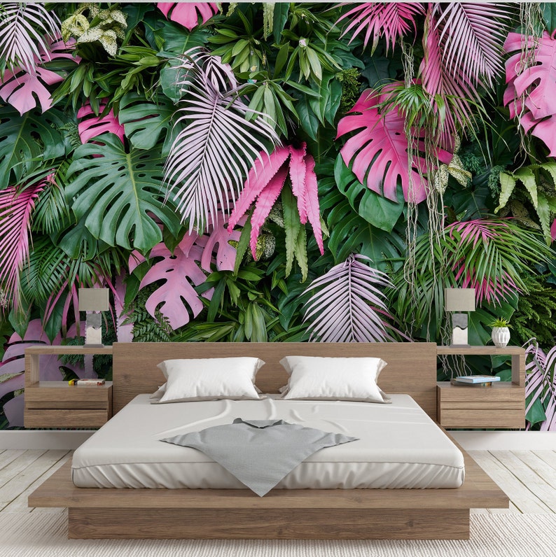 Green Tropical Removable Wall Mural Peel and Stick Pink Etsy