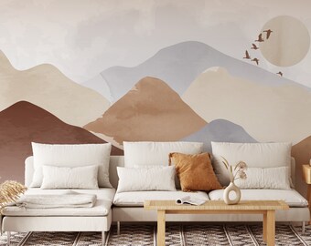 Abstract Mountain Wall Mural – Boho Neutral Landscape Wallpaper - Watercolor Minimalist Beige Brown  CCM137