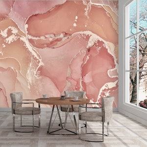 Abstract Blush Pink Peach Gold Peel and Stick Mural - Self Adhesive Decor Wallpaper- Watercolor Ink Nursery Removable Wall Decal CCM129