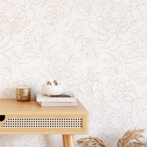 Beige Line Art Peony Removable Mural Wallpaper - Self Adhesive Boho Style Floral Wall Decal -Flower Peel and Stick Wall Mural CC275