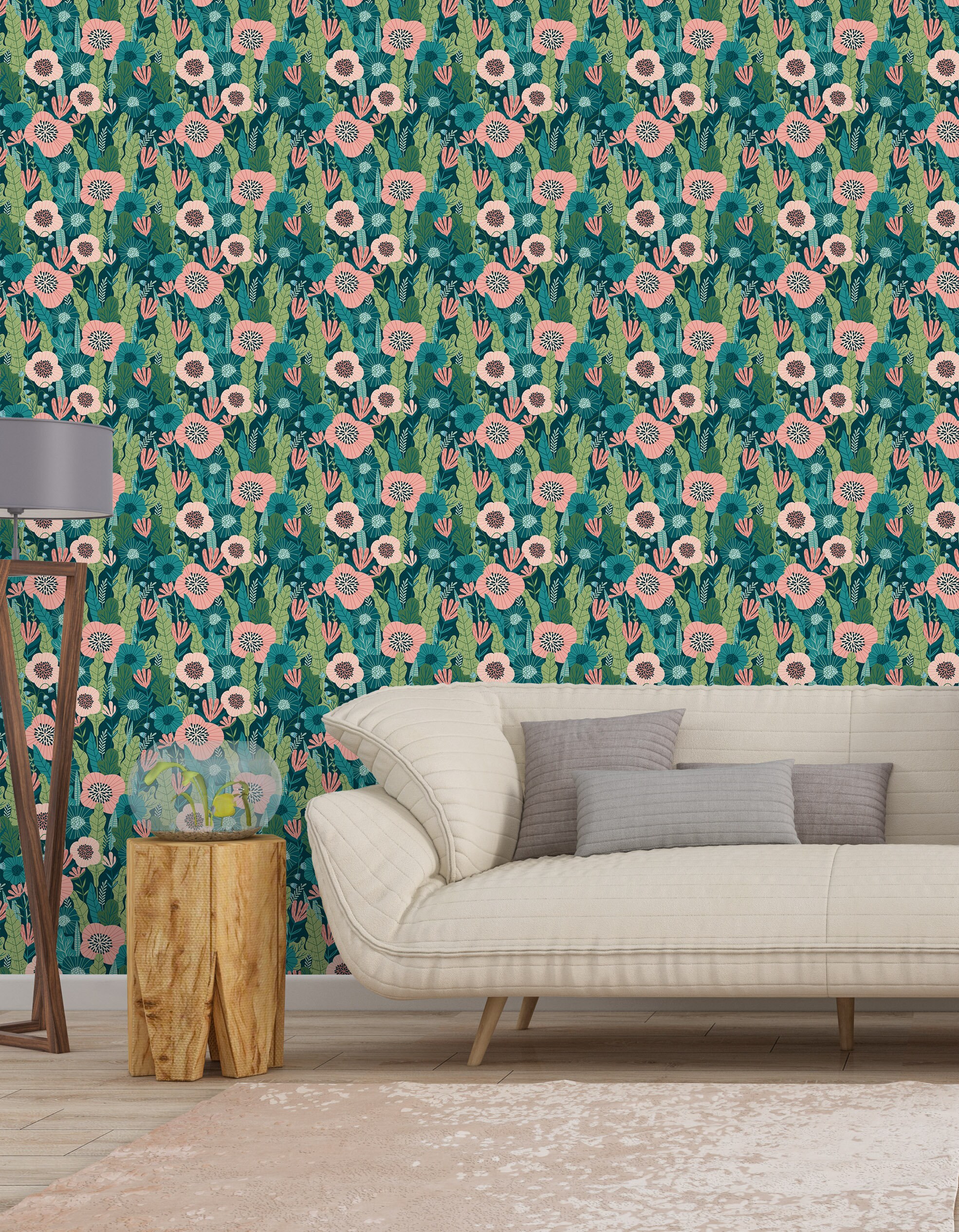 Self Adhesive Floral Wallpaper Green Pink Botanical Etsy