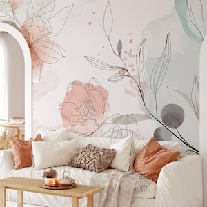 Line Art Large Flowers Removable Mural Wallpaper - Watercolor Floral Self Adhesive Wall Decal - Botanical Peel and Stick Wallpaper CCM098