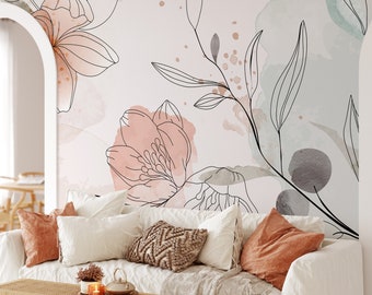 Line Art Large Flowers Removable Mural Wallpaper - Watercolor Floral Self Adhesive Wall Decal - Botanical Peel and Stick Wallpaper CCM098