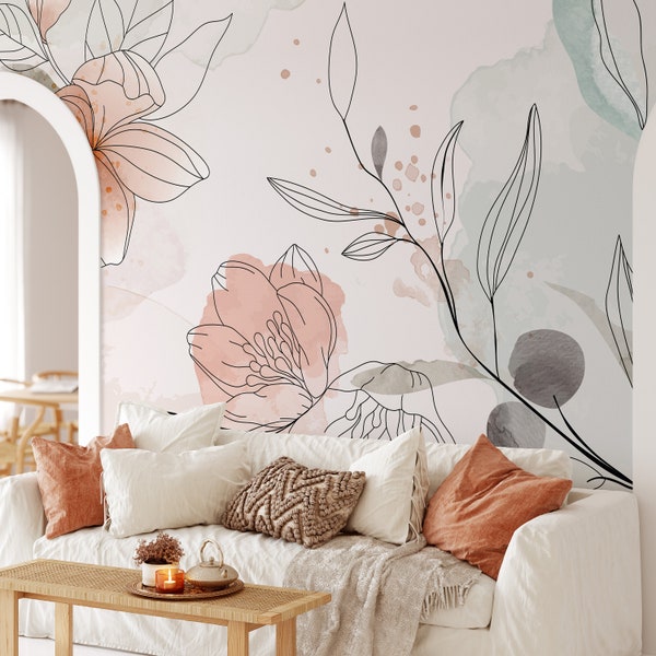 Line Art Large Flowers Removable Mural Wallpaper - Watercolor Floral Self Adhesive Wall Decal - Botanical Peel and Stick Wallpaper CCM098