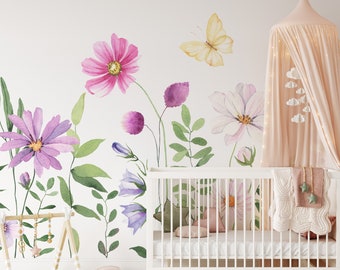 Watercolor Flower Removable Mural Wallpaper - Wildflower Kids Peel and Stick Nursery  - Self Adhesive Wall Decal - Colorful Wallpaper CCM086