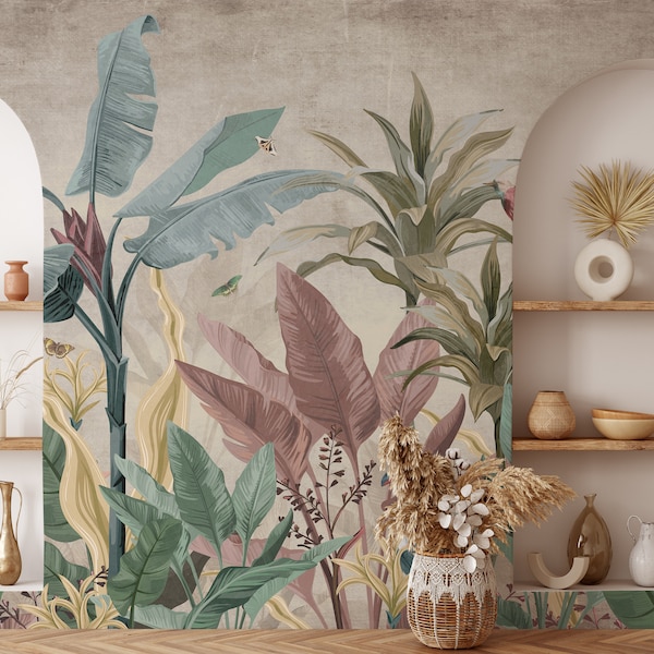 Retro Palm Leaves Wall Mural - Vintage Tropical Banana Leaf Self Adhesive Decal - Colorful Floral and Birds Peel & Stick Wallpaper CCM166