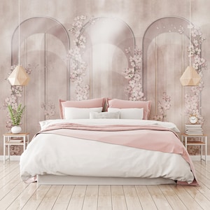 Pastel Pink Arches and Flowers Peel & Stick Wall Mural - Blossom Sakura Self Adhesive Wallpaper - Shaby Shic Removable Wall Decal CCM151