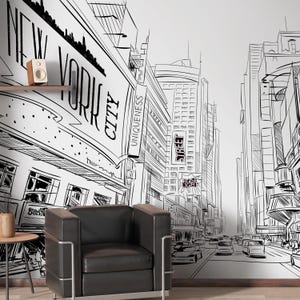 Black & White Street Sketch Art Peel and Stick Wall Mural - City Road Self Adhesive Wall Decal - Cartoon Print Removable Wallpaper CCM185