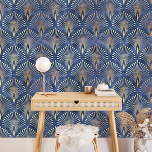 Dark Blue Gold Art Deco Self Adhesive Wallpaper - Removable Luxury Wall Decor - Peel and Stick Wall Mural - Vintage Print CC286