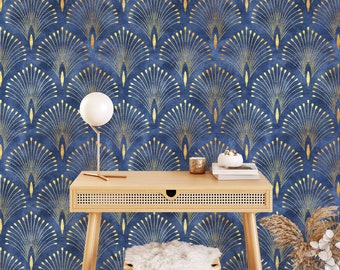 Dark Blue Gold Art Deco Self Adhesive Wallpaper - Removable Luxury Wall Decor - Peel and Stick Wall Mural - Vintage Print CC286