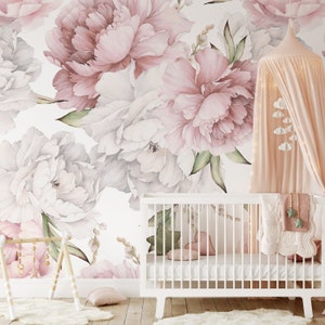 Pastel Pink Peony Removable Mural Wallpaper - Watercolor Boho Floral Self Adhesive Wall Decal - Large Flower Peel and Stick Wallpaper CCM109