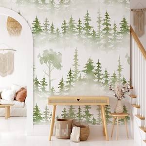 Watercolor Forest Wallpaper - Fairy Kids Peel and Stick Nursery Decor - Woodland Self Adhesive Decal - Pine Tree Nature Wall Mural CC261