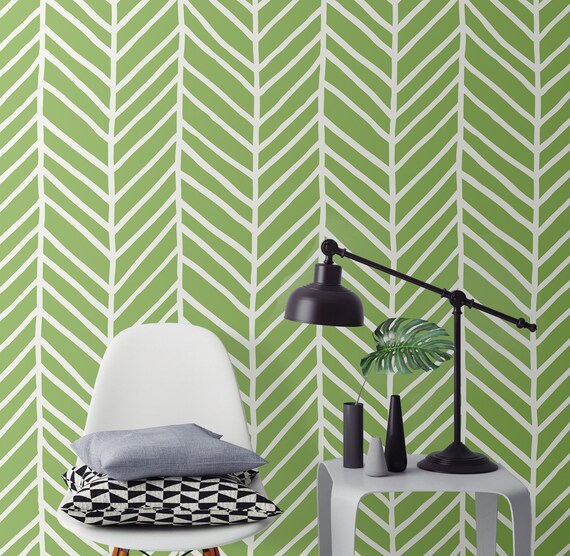 Green Herringbone Removable Wallpaper Chevron Self Adhesive Etsy
