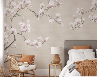 Blossom Sakura - Beige Gray Botanical Pattern - Pink Flowers Retro Vintage Wallpaper - Faux Grasscloth Traditional Wall Mural CG010