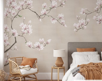 Pink Magnolia Wall Mural - Chinoiserie Botanical Floral Wallpaper - Beige Gray Japandi Flowers Decor CG010