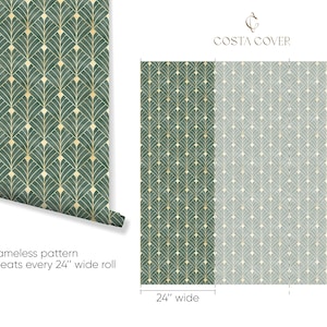 Luxury emerald Art Deco wallpaper, renter-friendly geometric design.