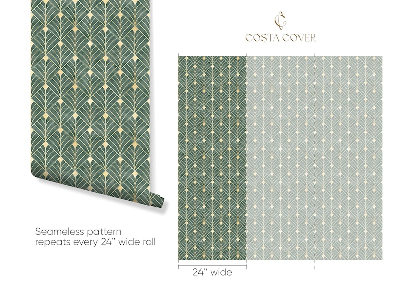 Luxury emerald Art Deco wallpaper, renter-friendly geometric design.