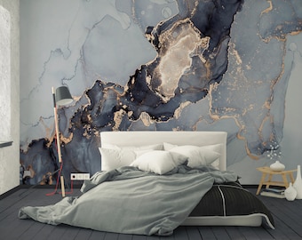 Watercolor Abstract Peel and Stick Mural Wallpaper - Marble Self Adhesive Decor - Alcohol Ink Gray Black Dark Removable Wall Decal CCM041