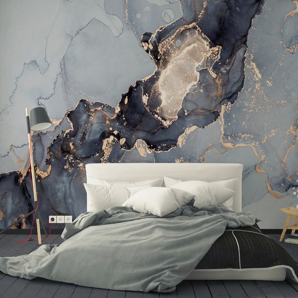 Watercolor Abstract Peel and Stick Mural Wallpaper - Marble Self Adhesive Decor - Alcohol Ink Gray Black Dark Removable Wall Decal CCM041