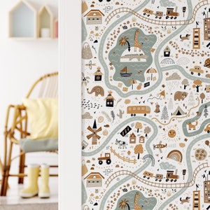 Cartoon World Map Peel and Stick Fabric Wallpaper - Removable Kids Room Animal Print Wall Decal - Сolorful Self Adhesive Wall Mural CC294