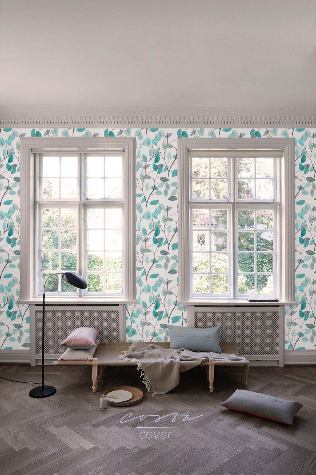 Blue Leaves Removable Wallpaper - Botanical Peel and Stick Wall Fabric ...