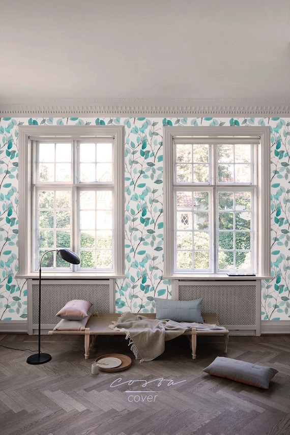 Boho floral removable wallpaper watercolor blue leaves | Etsy